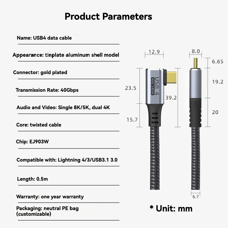 Hot Sale 4 USB C To Type C Cable 8K60Hz Video PD100W USB4 Fast Charging 40Gbps Data Transfer FOR Xiaomi For Macbook Oasis Select 0.5m