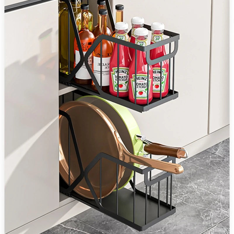 Household Kitchen Pot Storage Box Cabinet Pull Basket Seasoning Storage Drawer Organize Basket Pull Down Sink Shelf Oasis Select