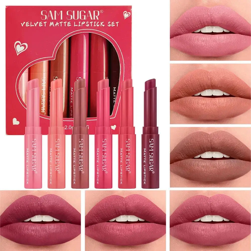 SAM SUGAR 6-Color Velvet Matte Lipstick Set – Long-Wear