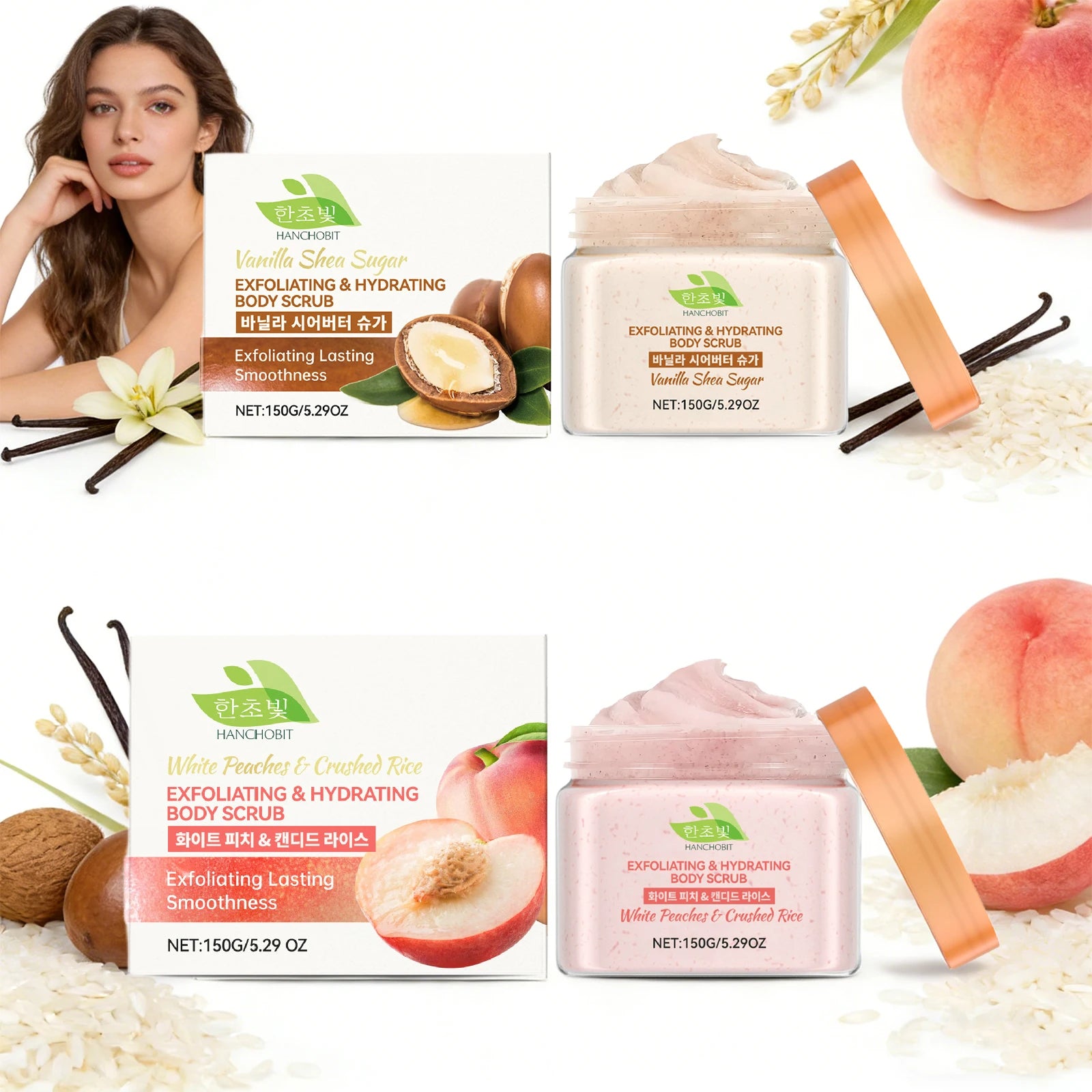 White Peach / Vanilla Shea Fruit Exfoliating Body Scrub for Dead Skin Removal Deep Cleansing Pore Shrinking Nourishing Skin Care Oasis Select