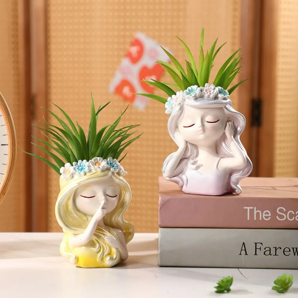 Durable Cute Fairy Head Plant Pot Resin Crafts Handmade Succulents Flower Pot Cartoon Waterproof Figure Planter Garden Courtyard Oasis Select Pink