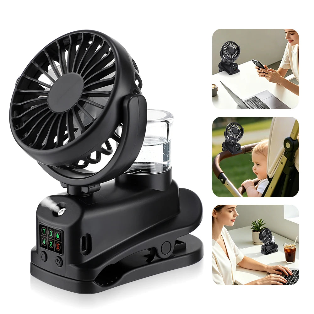 Clip-On Mist Fan USB Rechargeable 4-Speed LED | Desk Humidifier