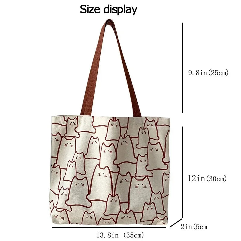 Canvas Bags Handbag for Women Shopper Cute Cat Tote Bag with Zipper Designer Bag Japanese Style Cartoon Small Shoulder Oasis Select