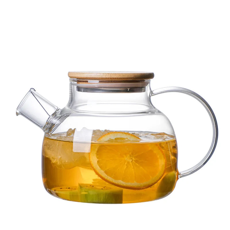 High-capacity Borosilicate Glass Pitcher with Bamboo Lid, Heat-Resistant Stovetop Safe Teapot for Hot Cold Drinks, Fruit Juice Oasis Select >1L 1000ML