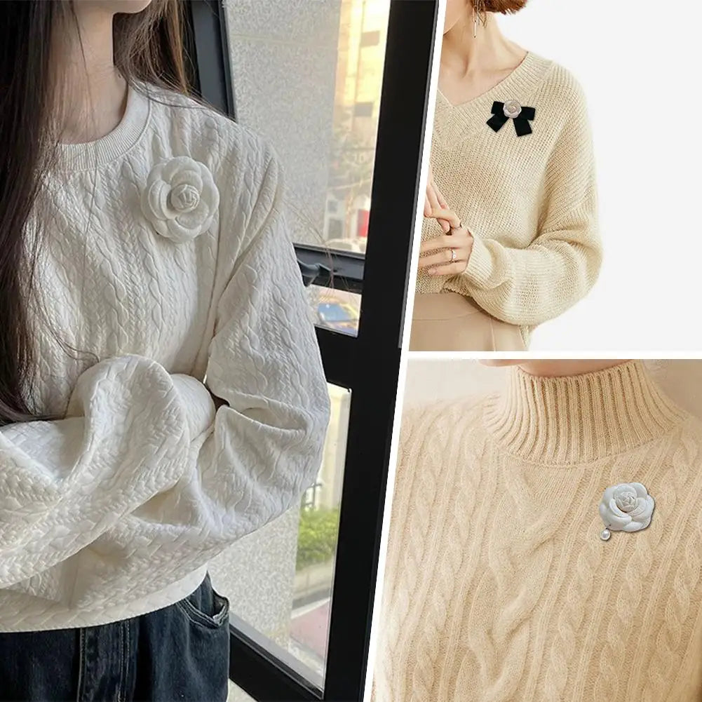 New Fabric Camellia Flower Brooch Velvet Bow Tie Ladies College Style Shirt Collar Pins Vintage Wedding Party Brooches for Women Oasis Select