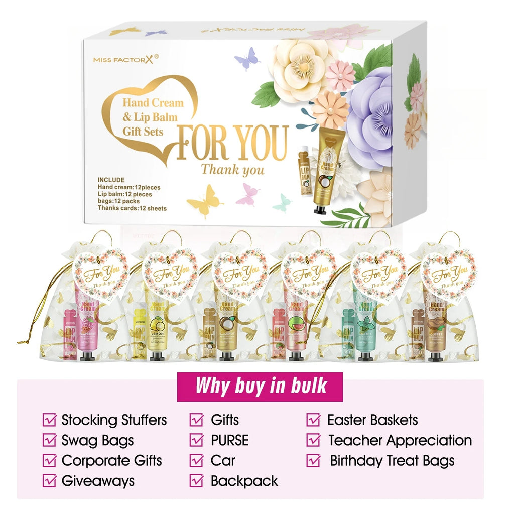 12 Hand gift Hand cream and lip balm set Friends Party Gift with love net bag and thank you card Holiday gift Oasis Select