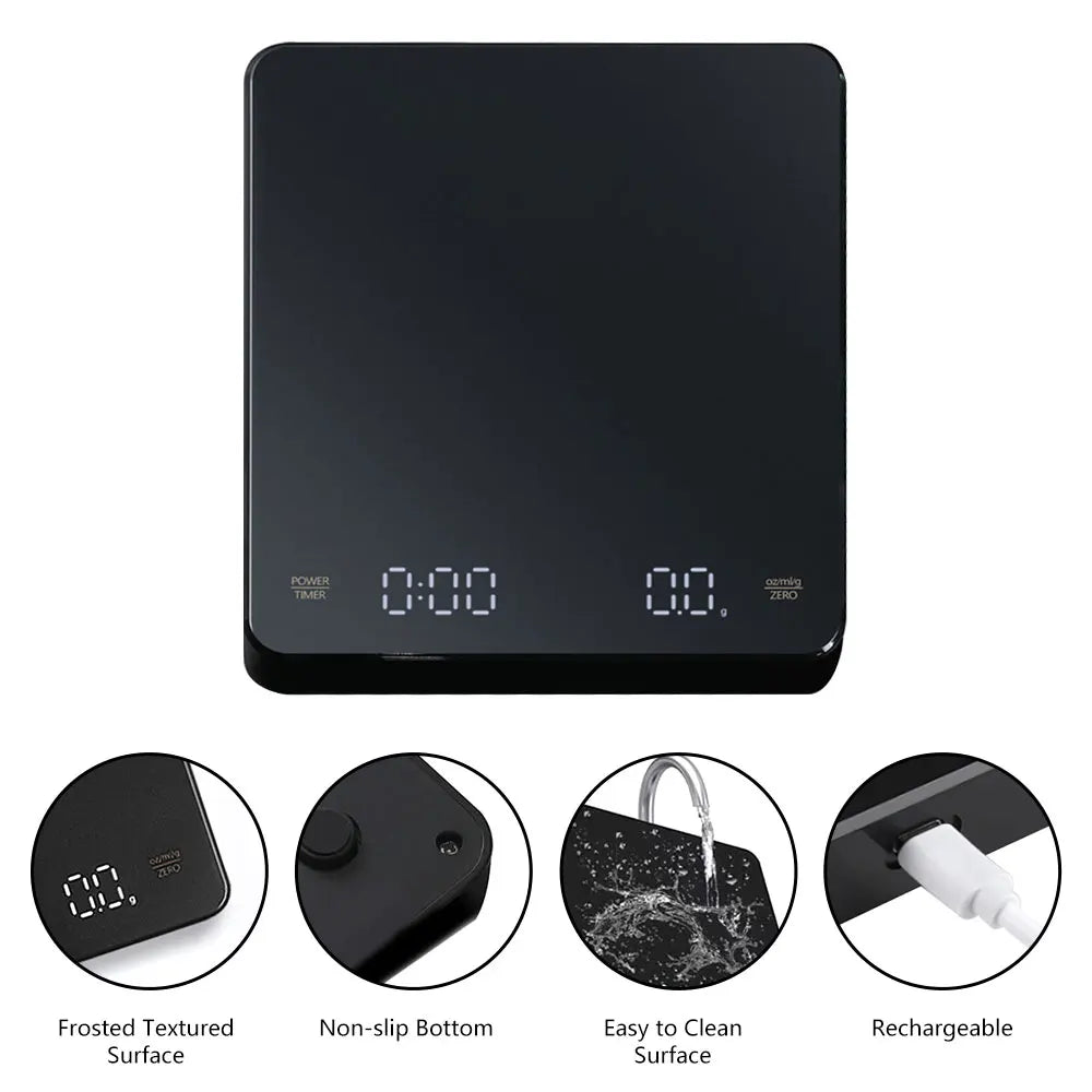 Digital Rechargeable Coffee Scale with Timer LED Screen Espresso USB 0.1g to 3kg High Accuracy Measuring Kitchen Scale Oasis Select Default Title