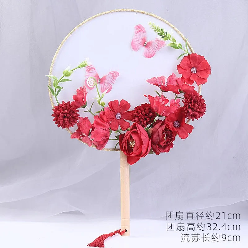 Exquisite Flower Butterfly Round Fan Women Dance Performance Props Wedding Craft Home Decoration Oasis Select C