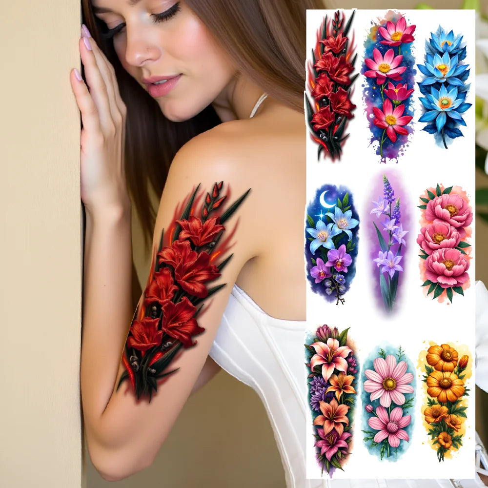 3-Pack Floral Temporary Tattoos – Colorful Realism, Waterproof