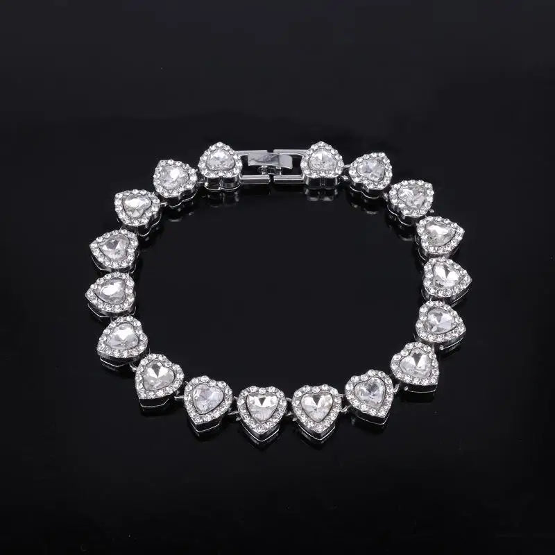 45CM New Hip Hop Tennis Chain Bracelet Necklace Shiny Heart Rhinestone CZ Fashion Rock Party Jewelry Oasis Select Silver 20cm