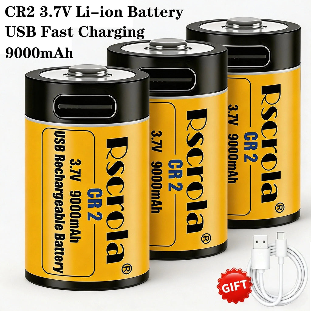 Long-Lasting CR2 Rechargeable Battery 9000mAh 3.7V, High Capacity Li-ion USB Fast Charge for GPS Camera Medical Oasis Select