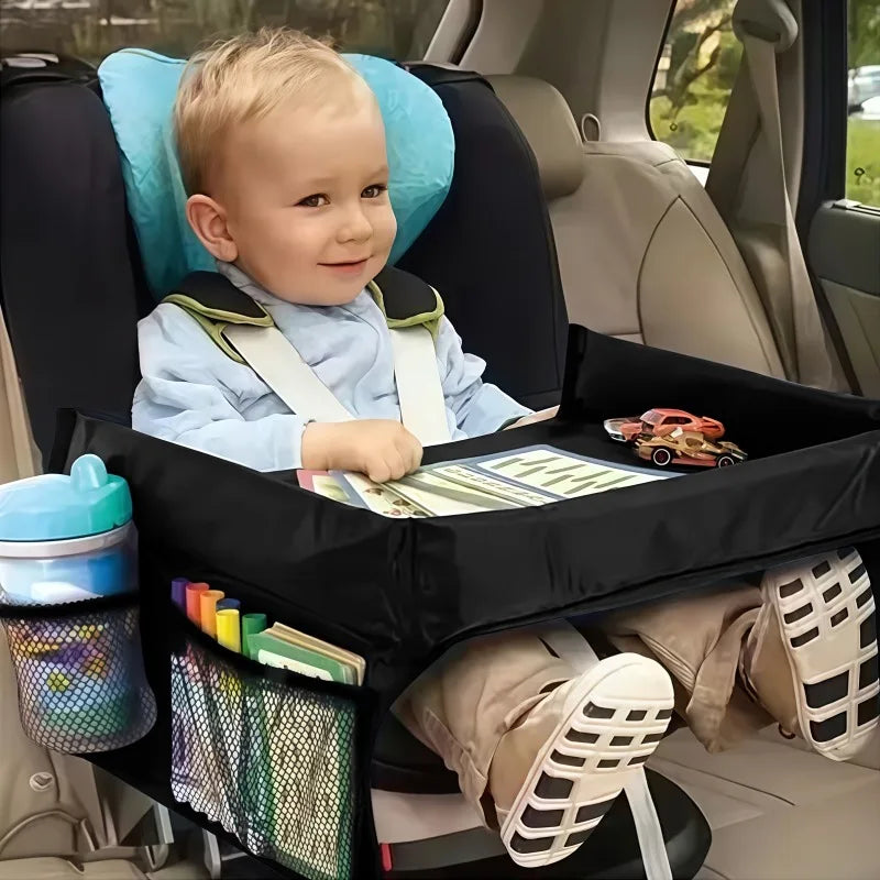 Foldable & Expandable Car Seat Travel Tray with Multiple Storage Pockets - Lightweight, Wall-Mountable Design for Airplane, Car Oasis Select