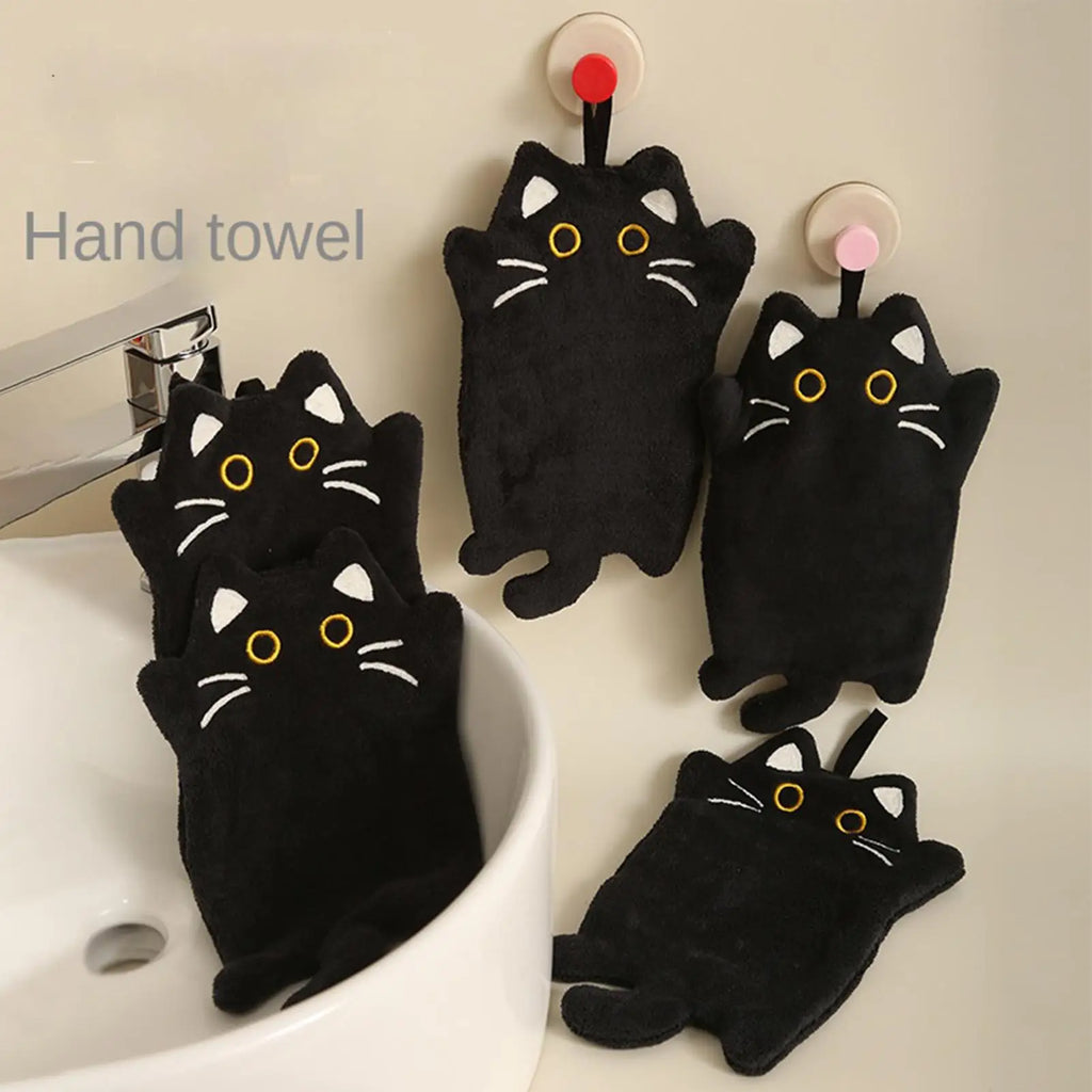 Cute Cat Hand Towel Coral Fleece Strong Water Absorption Bathroom Kerchief Hanging Style Soft Washcloth Rags Hand Towels Oasis Select