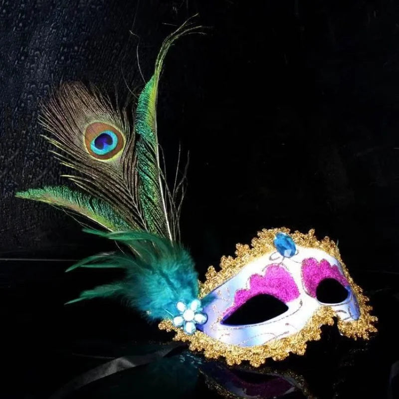 Masquerade Mask Women Peacock Feather Mask Mardi Gras Mask Fashion Blue Green Metal Shiny Rhinestone Halloween Party Oasis Select Blue