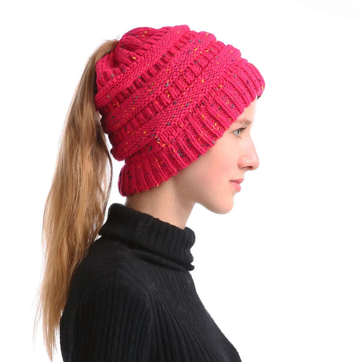 Mixed color hollow top hat with large brim, knitted ponytail, parent-child hat, yarn and yarn versatile Oasis Select 10