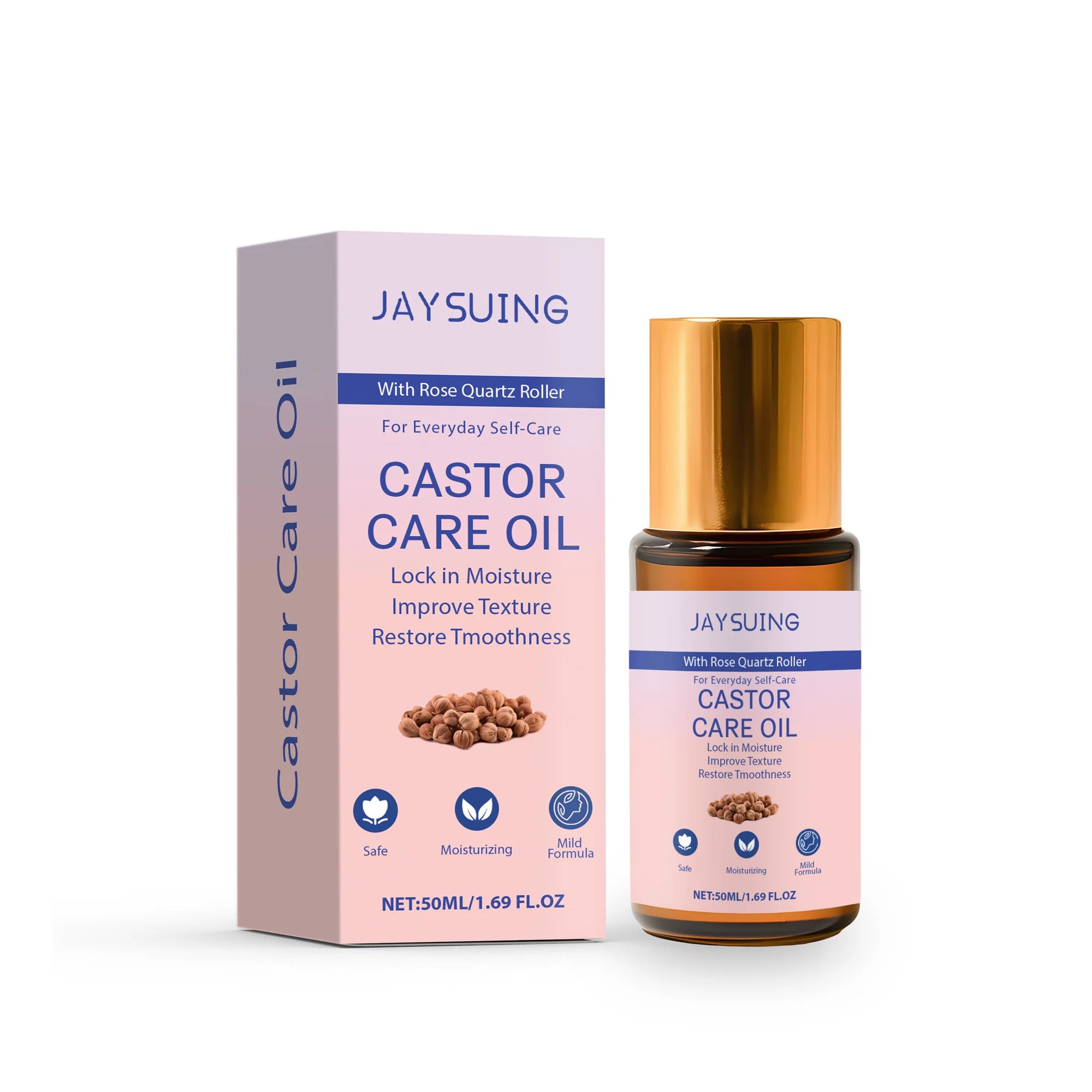 Natural Organic Castor Oil With Rose Quartz Roller Skin Care Essential Oil Moisturize Nourish Skin Barrier Hair Growth Products Oasis Select 50ml boxed