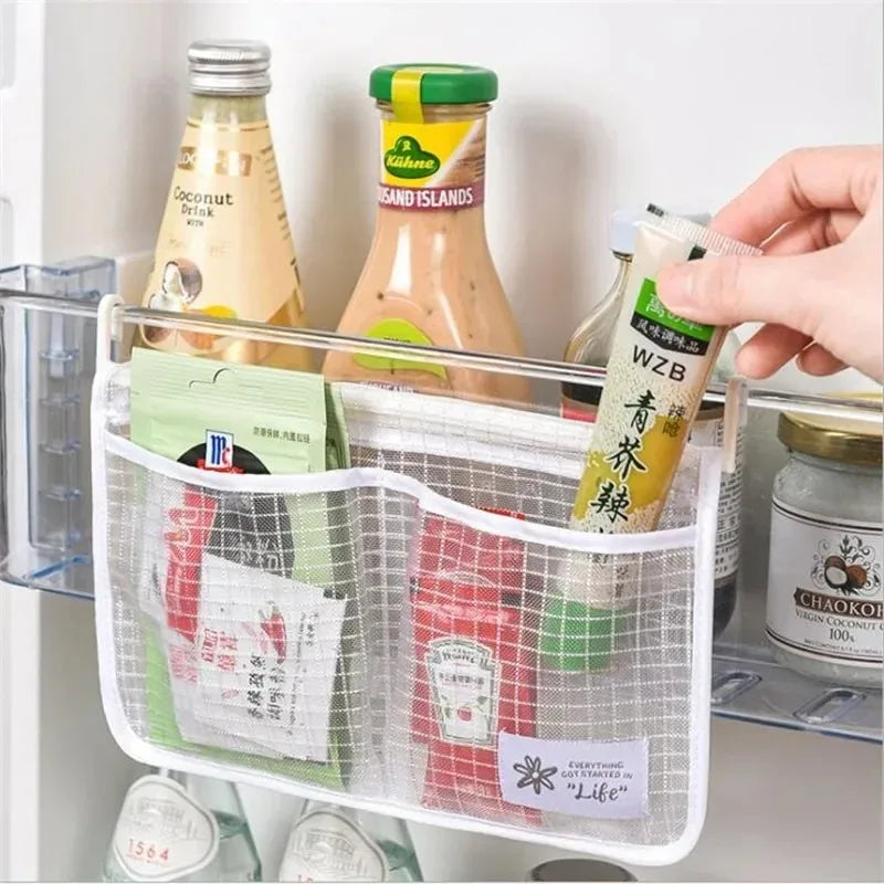 1Pcs Refrigerator Storage Mesh Bag Double Compartment Hanging Pouch Kitchen Organizer Pockets with Hook Washable Fridge Net Bag Oasis Select
