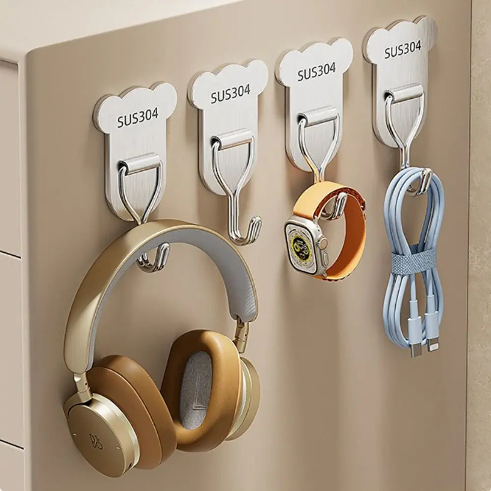 5/8PCS Bear Shape Self-adhesive Hook Stainless Steel No Punching Door Behind Hook Strong Load-bearing Sticky Hook Home Oasis Select
