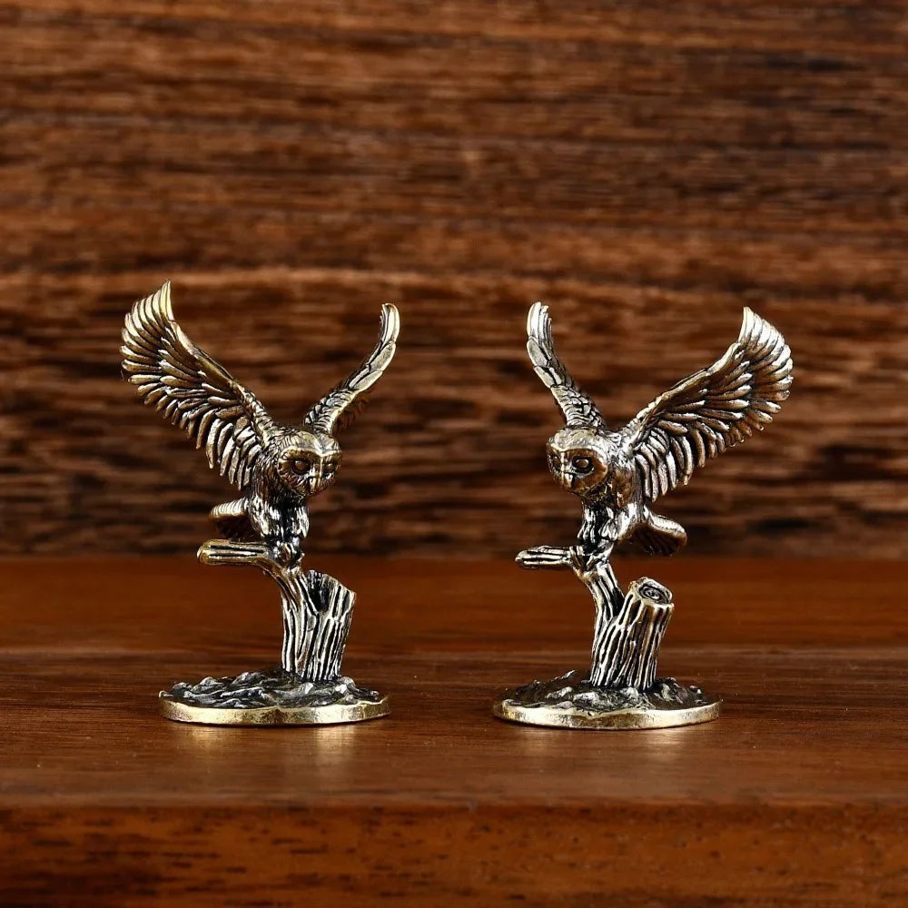 Retro Antique Brass Owl Miniature Figurines Courage Copper Owl Tea Pet Desktop Ornament Crafts Animal Figurines Home Decor Gifts Oasis Select