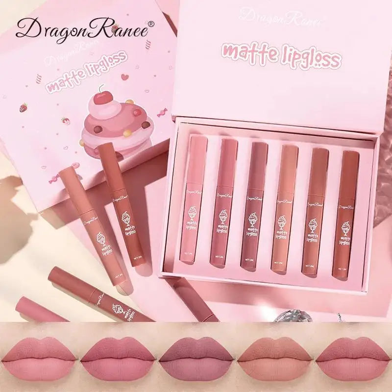 Dragon Ranee 6-Color Velvet Matte Lip Gloss Set – Long-Lasting