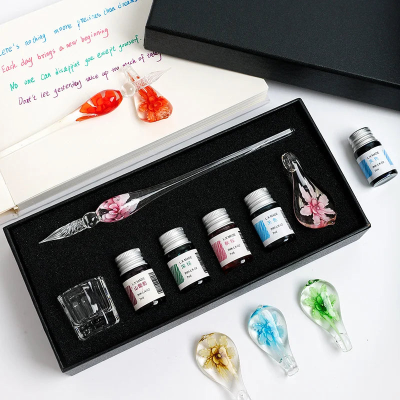 Flower glass dipping pen, student stationery, glass pen, crystal glass pen, birthday gift pen set Oasis Select