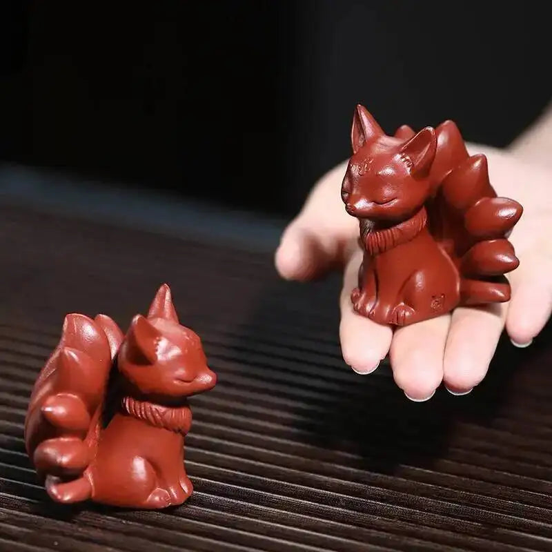 Yixing Original Clay Tea Pet Fox Ornament Dahongpao Nine-tailed Fox Sculpture Tea Table Ornament Creative Tea Play Figurine Oasis Select