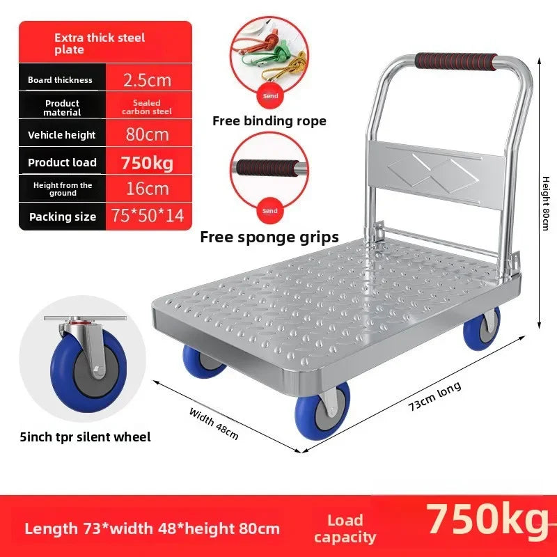 Steel plate pulling trolley trolley trolley handling thickened foldable portable silent trailer pulling flat truck Oasis Select 73-48-5-A