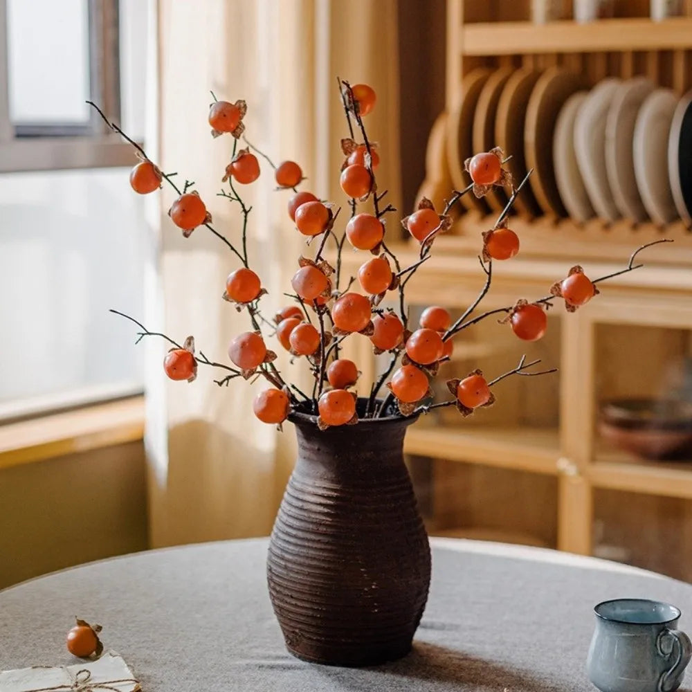 8 Heads Artificial Persimmon Branch Realistic Handmade Simulation Persimmon Fruit Plastic Elegant Fake Plants Living Room Oasis Select