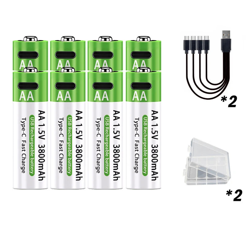 2026 Hot Li-ion AA Rechargeable Batteries USB Lithium-ion 3800mAh 1.5V AA Rechargeable Batteries+ Data Cable and Storage Box Oasis Select 8PCS 1.5V