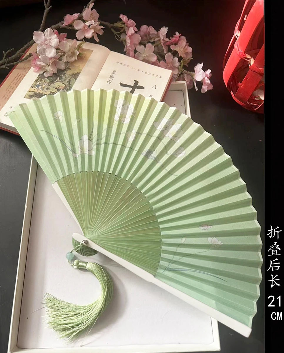 Antique Retro Portable Green Folding Fan Women's Portable Hanfu Cheongsam Folding Small Classical Dance Fan Chinese Fan Oasis Select 3
