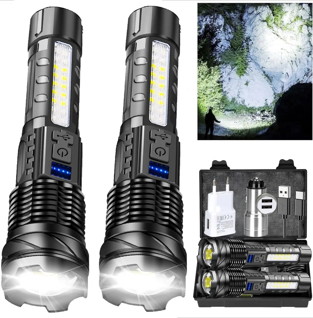 Powerful LED Flashlight Type C Rechargeable Waterproof Torch with Side Light 7 Modes Zoomable Lamp for Camping Fishing Lantern Oasis Select