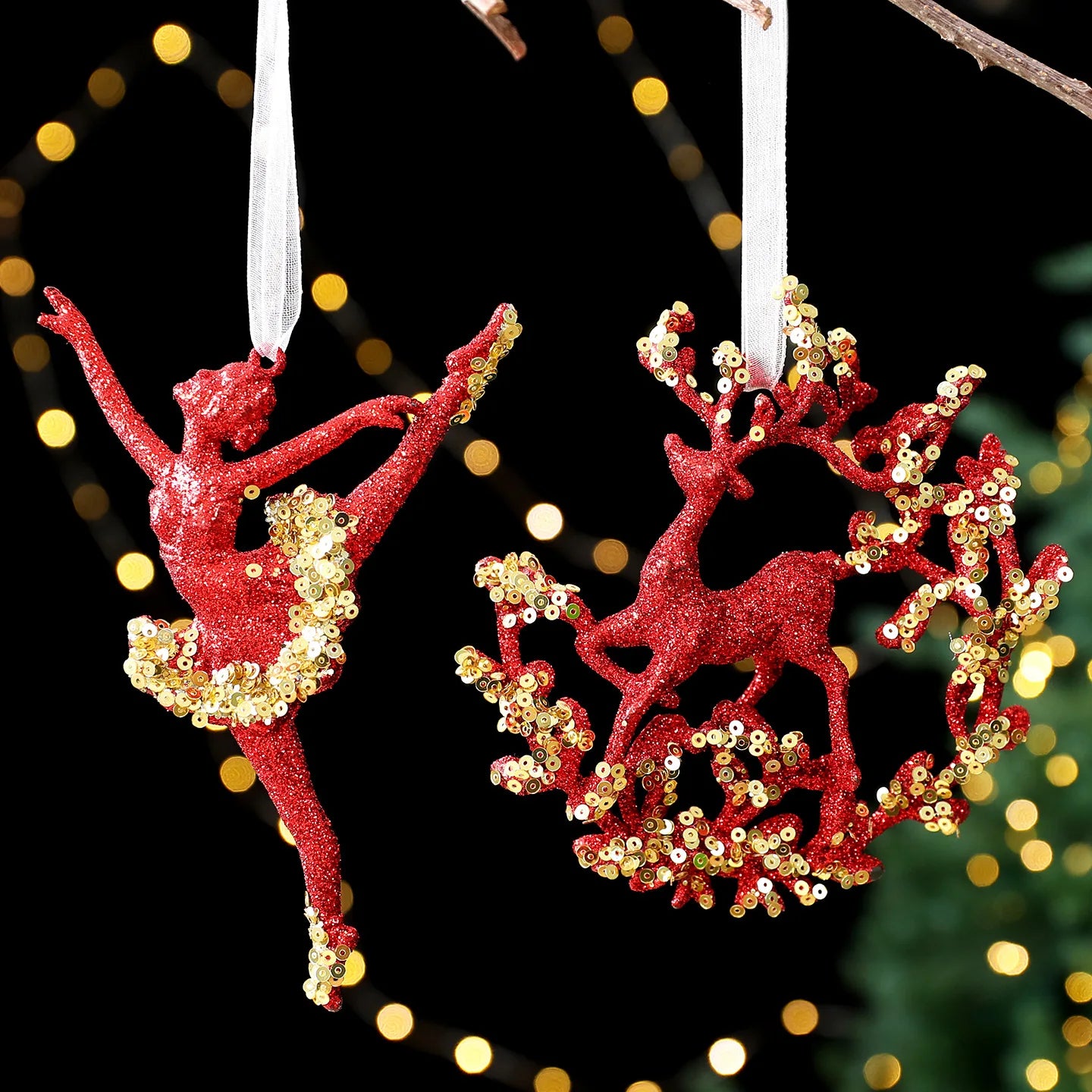 Red Glitter Christmas Tree Pendant – Gold Sequins & Snowflake