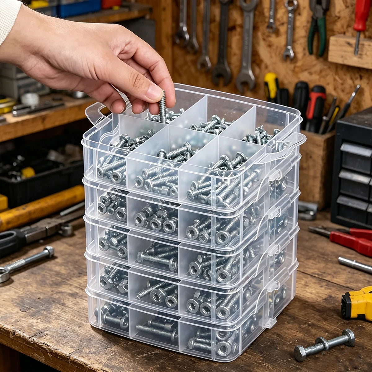 1pc Stackable Plastic Hardware Storage Box, Multi-Layer Screw Bolt Parts Sorting Box Portable Handheld Desktop Parts Storage Box Oasis Select