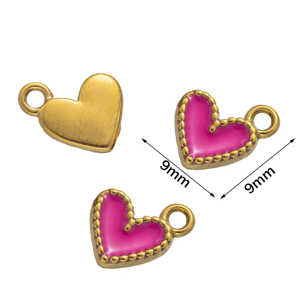 5pcs Gold Stainless Steel Pink Heart Enamel Charms Dangle Pendant for DIY Bracelet Necklace Earrings Supplies Jewelry Making Oasis Select Rose Red
