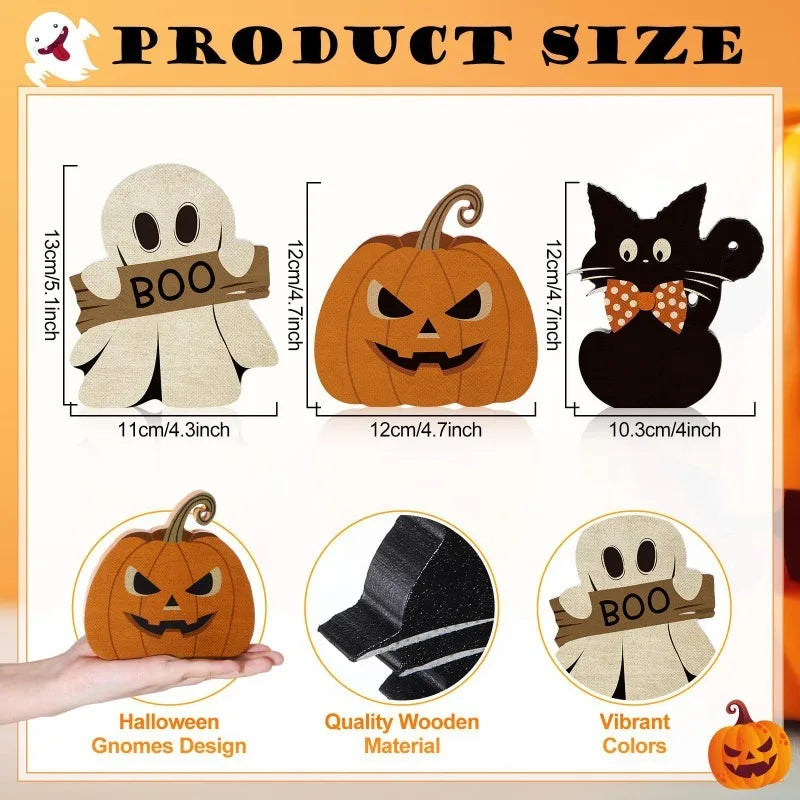 Three-piece Halloween wooden table decorations, black cat, pumpkin and ghost, for the center of the party table decoration Oasis Select