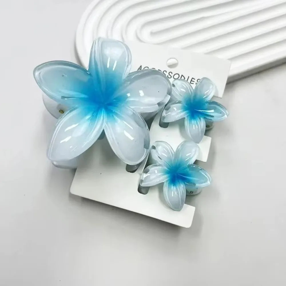 3Pcs/Set New Gradient Hair Claws Sweet Flower Plumeria Flower Hawaiian Flower Hair Clip Clamp Acrylic Hair Accessories Summer Oasis Select Blue