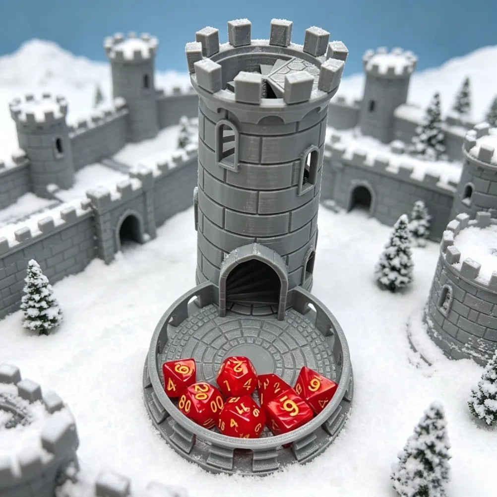 3D Printed Medieval Fort Castle Dice Tower Spiral Staircase Roller Tray for DND RPG MTG Tabletop Role‑Playing Game Accessory Oasis Select