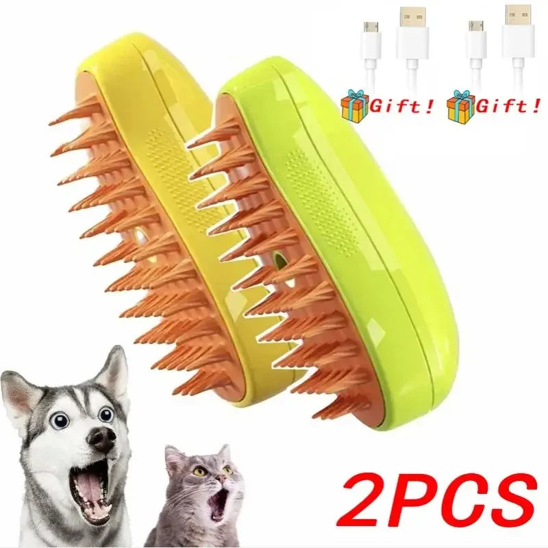 3-in-1 Dog Hair Cat Hair Brush Electric Pet Cleaning Brush Steam Spray Brush Massage Hair Removal Comb Anti Flying Brushes Oasis Select 2PCS-Green-Yellow