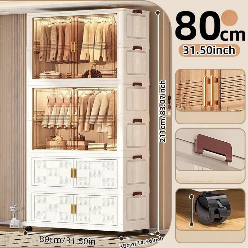 COIZYZZL 31.5 Inch Foldable Storage Wardrobe, 2-6 Tier Multi-Combos with Rolling Wheels, Large Capacity for Living Room/Bedroom Oasis Select Tawny 2Large 2Small