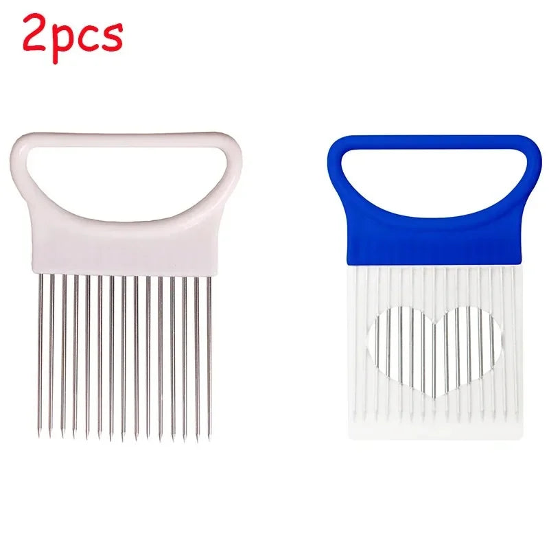 1/3pcs Stainless Steel Onion Knife Holder, Food Slicer, Tomato Onion Knife Holder, Vegetable Cutting Fork, Kitchen Small Tool Oasis Select white1-blue1