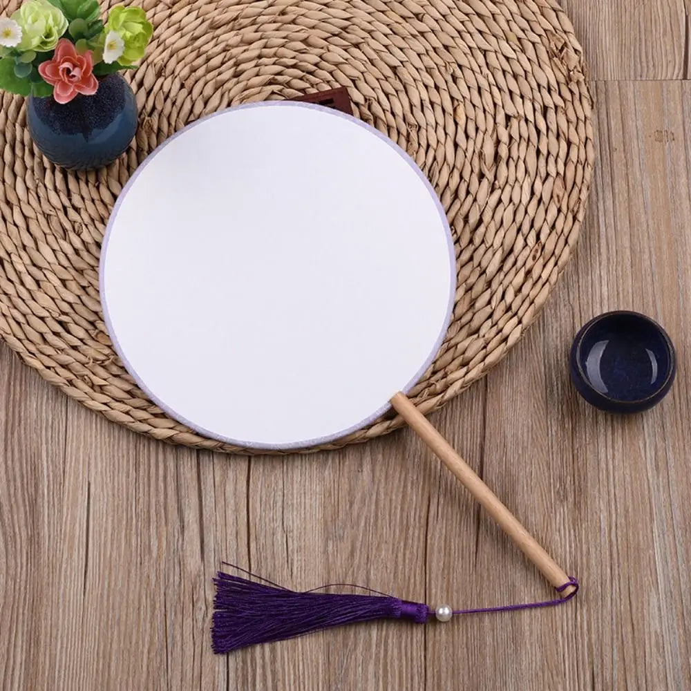 Vintage Blank Round Hand Fan Chinese Style Unfinished Wooden Silk Hand Fan with Tassel Elegant Art Painting Fans Wedding Party Oasis Select