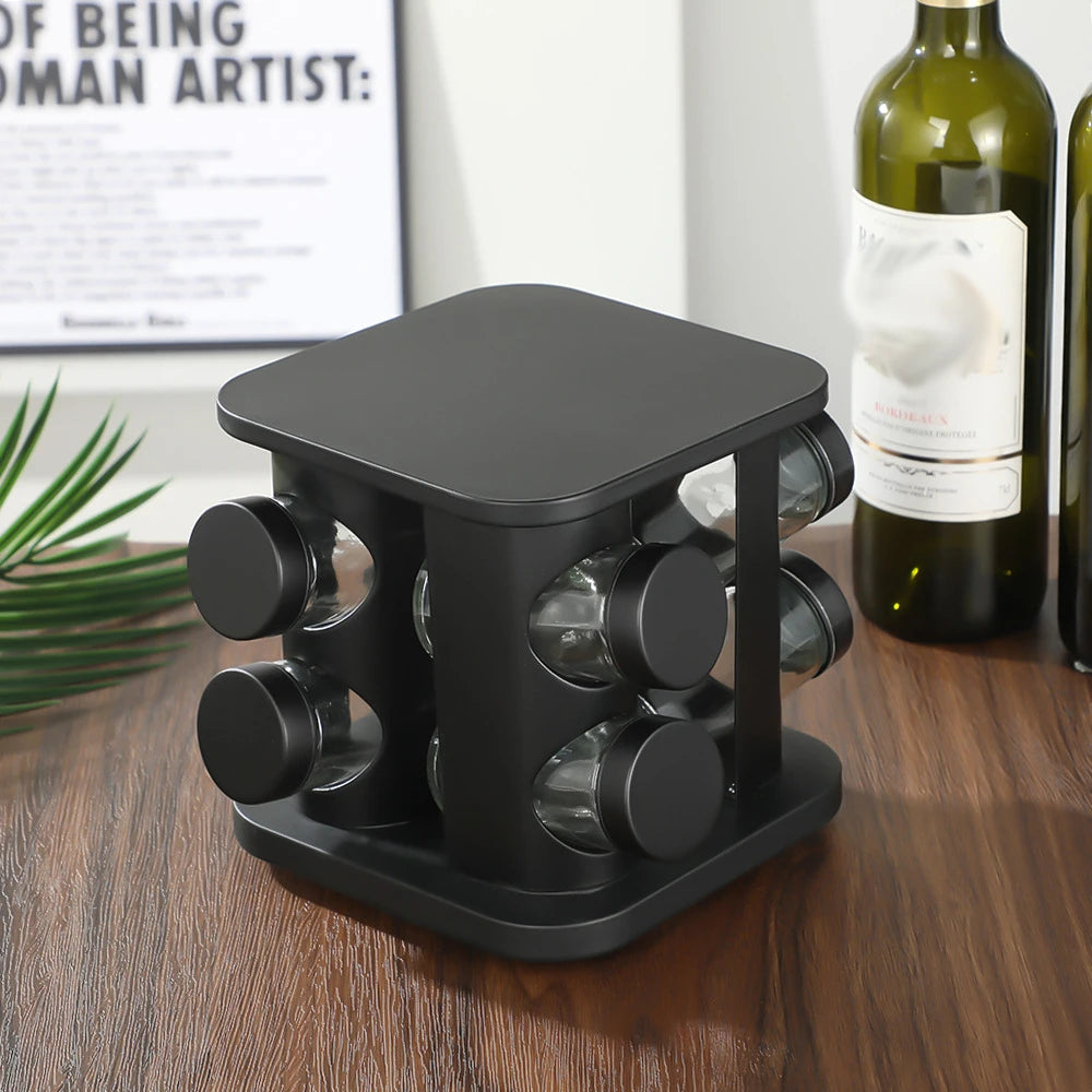 360-Degree Rotating Stainless Steel Spice Rack, Spice Jars, Multi-Compartment Spice Rack, Kitchen Storage Oasis Select Black 8 heads