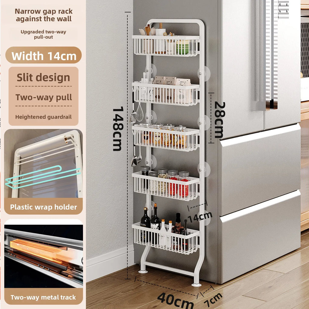 Kitchen refrigerator side storage rack, two-way pull-out crack storage rack, multi-functional narrow-side floor seasoning rack Oasis Select White five layers