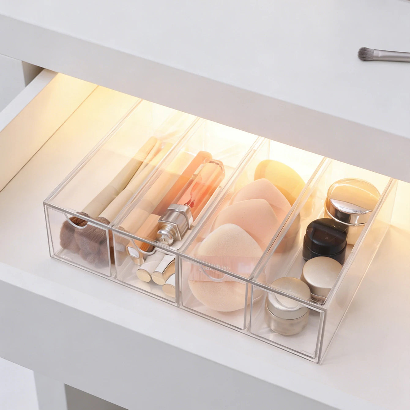 1pc one layer four grid transparent/white acrylic cosmetics storage box, stackable drawer style dressing table display box Oasis Select