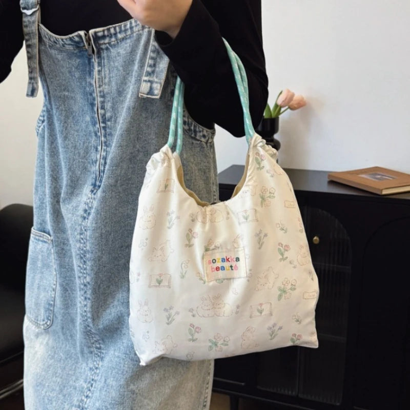 Cartoon Rabbit Print Canvas Tote Bag Portable Foldable Grocery Bag Lightweight Handbag for Women Daily Use & Travel Oasis Select