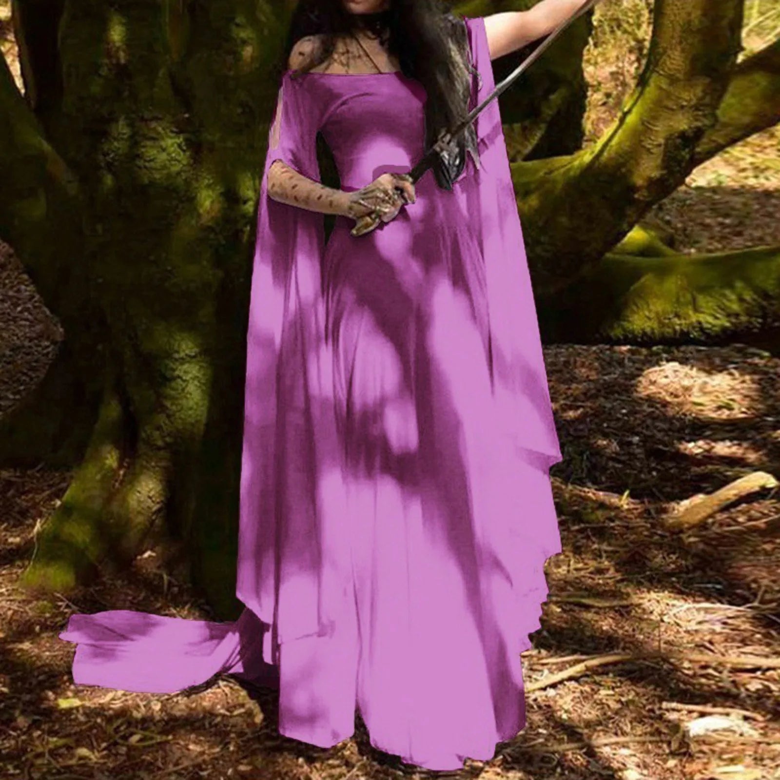 Women Halloween Dress Retro Cosplay Vintage Party Club Elegante Solid Off Shoulder Dress Maxi Funny Halloween Elf Dress Oasis Select Purple L