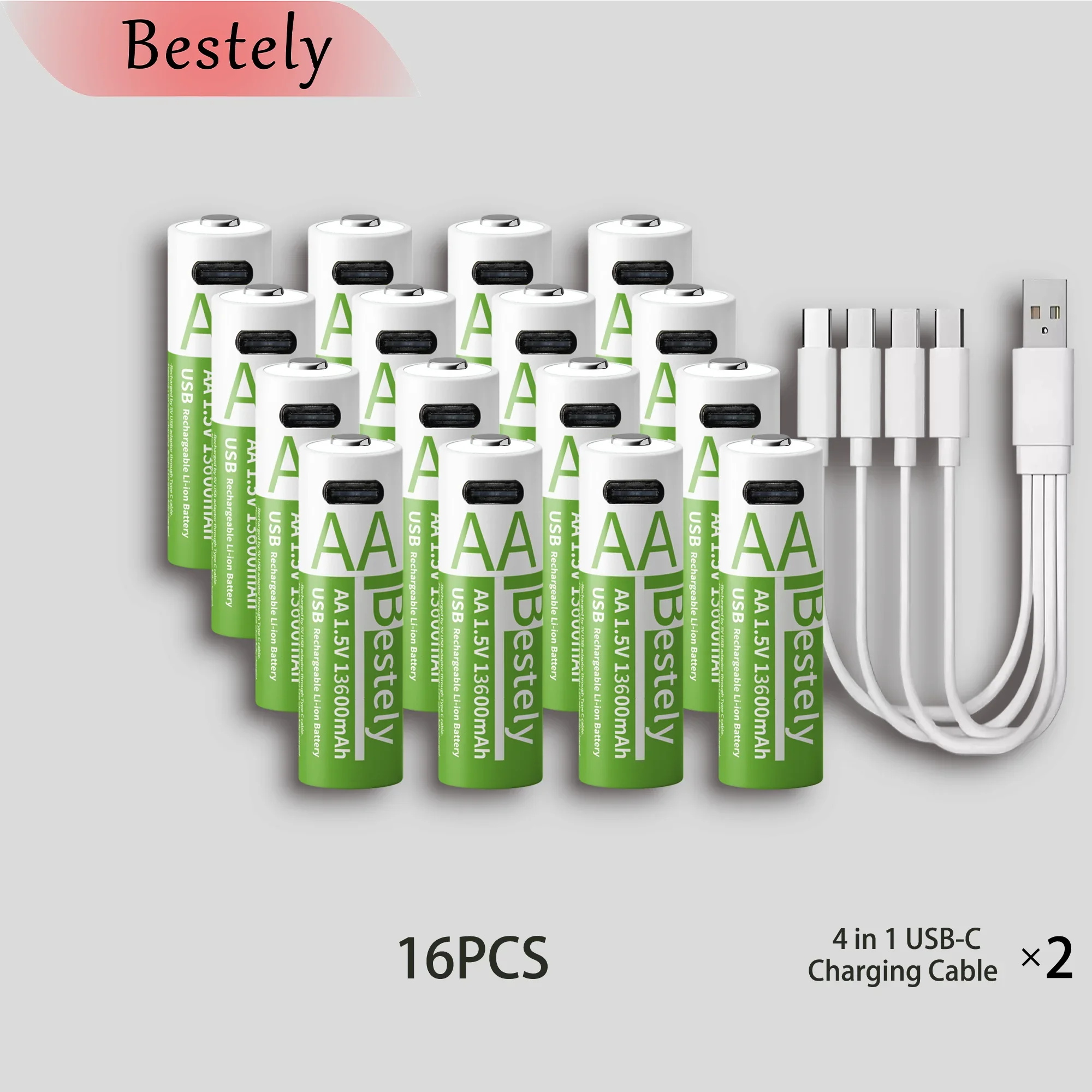 Latest Rechargeable 1.5V AA 13600mAh USB Lithium Battery , Fast Charging Li-ion AA Battery , 2000 Cycle with USB- C Port Cables Oasis Select 16 pcs batteries