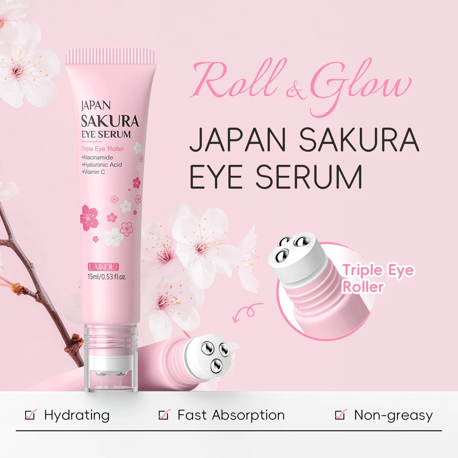LAIKOU Sakura Anti- Wrinkle Eye Cream With Roller Ball Quick Drying Hydrating Hyaluronic Acid Refreshing Eye Serum 15ml Oasis Select