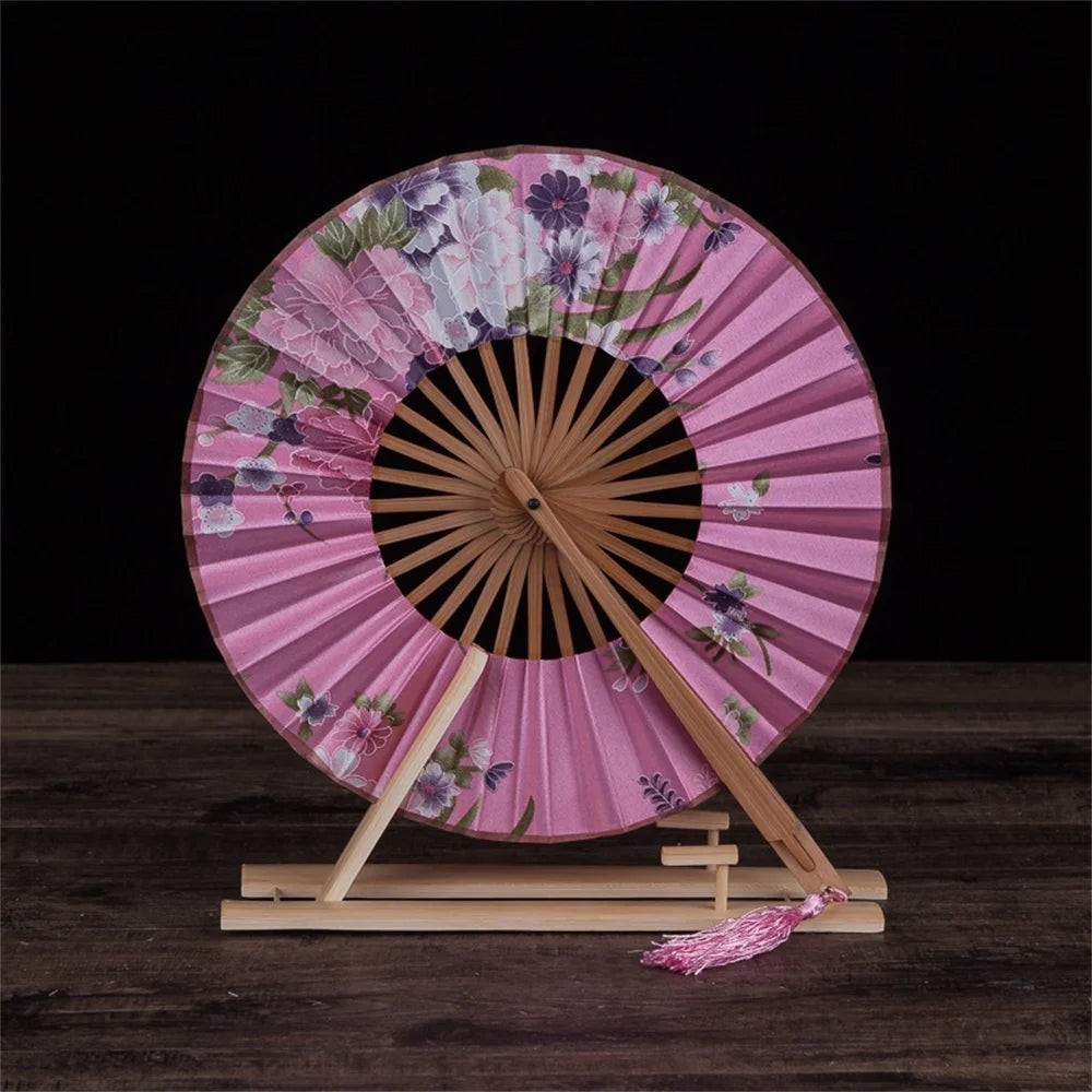 New Japanese Sakura Flower Pocket Folding Hand Fan Round Circle Party Decor Gift Bamboo Windmill Folding Fan Chinese Fans Oasis Select Dark pink