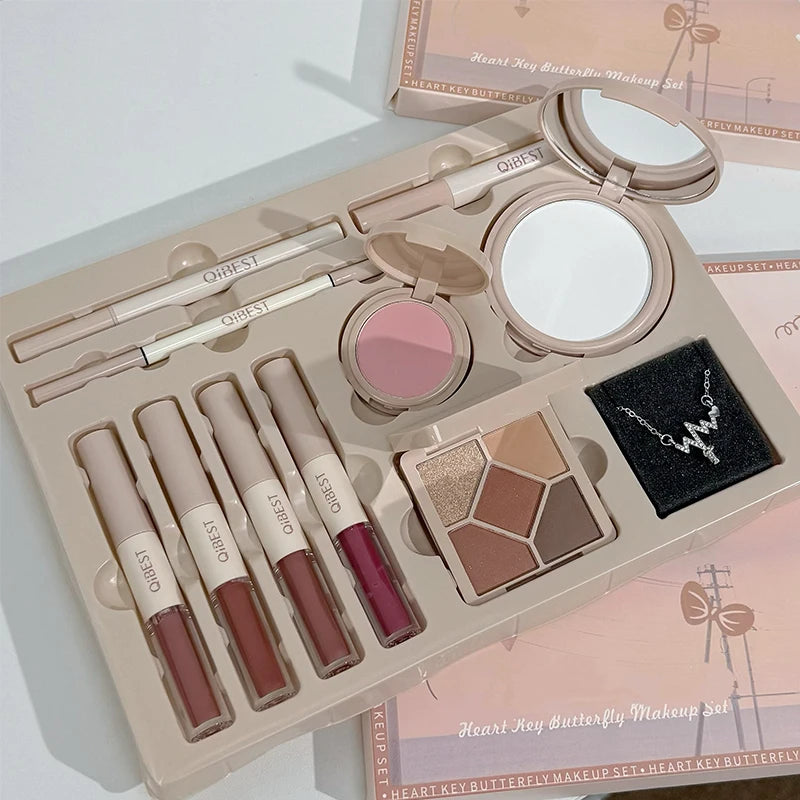 QIBEST 4 Colors Double Head Lip Glaze,Pressed Powder,Blush,Eyeshadow, Eyebrow Pencil,Eyeliner,Lip Oil Multipurpose Makeup Kits Oasis Select